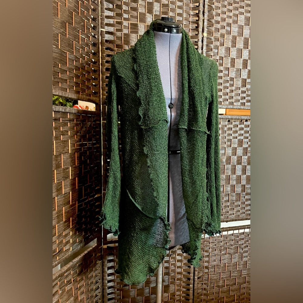 Van Klee Tissue Knit Forest Emerald Green Waterfall Cardigan Sweater Drape M L